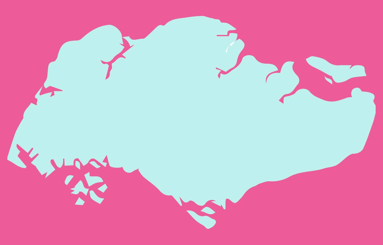 Light blue outline of Singapore on a magenta background